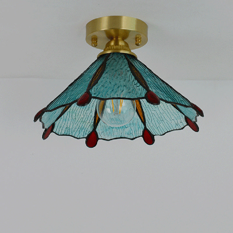 Traditional Vintage Conical Round Glass Copper 1-Light Semi-Flush Mount Ceiling Light For Living Room