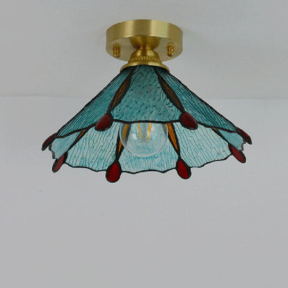 Traditional Vintage Conical Round Glass Copper 1-Light Semi-Flush Mount Ceiling Light For Living Room
