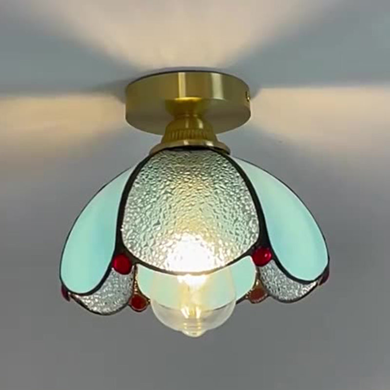 Traditional Vintage Conical Round Glass Copper 1-Light Semi-Flush Mount Ceiling Light For Living Room
