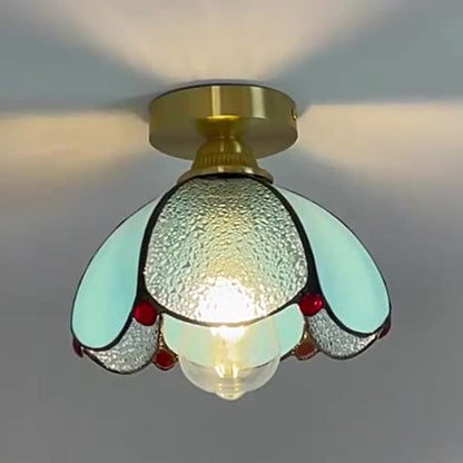 Traditional Vintage Conical Round Glass Copper 1-Light Semi-Flush Mount Ceiling Light For Living Room
