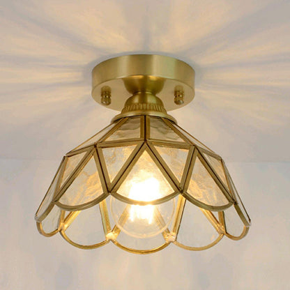 Traditional Vintage Conical Round Glass Copper 1-Light Semi-Flush Mount Ceiling Light For Living Room