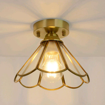 Traditional Vintage Conical Round Glass Copper 1-Light Semi-Flush Mount Ceiling Light For Living Room