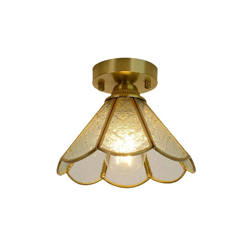 Traditional Vintage Conical Round Glass Copper 1-Light Semi-Flush Mount Ceiling Light For Living Room