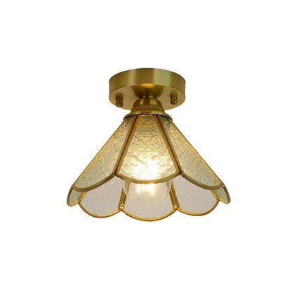 Traditional Vintage Conical Round Glass Copper 1-Light Semi-Flush Mount Ceiling Light For Living Room