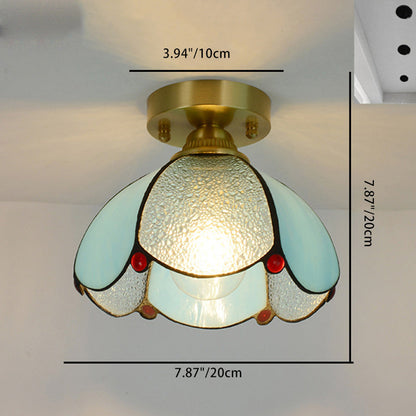 Traditional Vintage Conical Round Glass Copper 1-Light Semi-Flush Mount Ceiling Light For Living Room