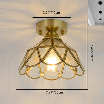 Traditional Vintage Conical Round Glass Copper 1-Light Semi-Flush Mount Ceiling Light For Living Room