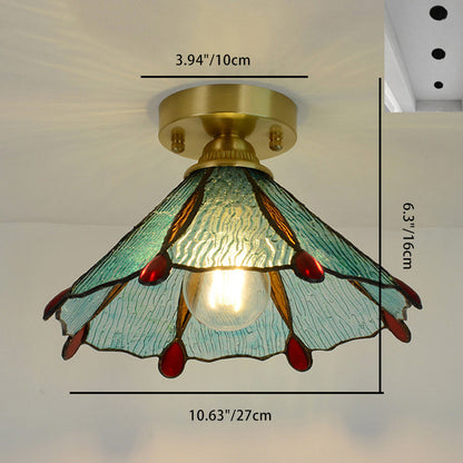 Traditional Vintage Conical Round Glass Copper 1-Light Semi-Flush Mount Ceiling Light For Living Room