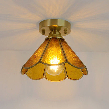 Traditional Vintage Conical Round Glass Copper 1-Light Semi-Flush Mount Ceiling Light For Living Room