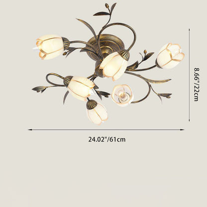Modern Art Deco Floral Leaf Branch Glass Iron 6/8/10/12 Light Semi-Flush Mount Ceiling Light For Living Room
