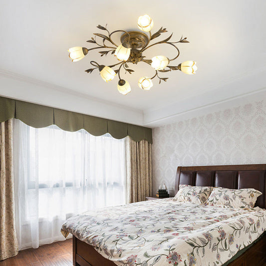 Modern Art Deco Floral Leaf Branch Glass Iron 6/8/10/12 Light Semi-Flush Mount Ceiling Light For Living Room