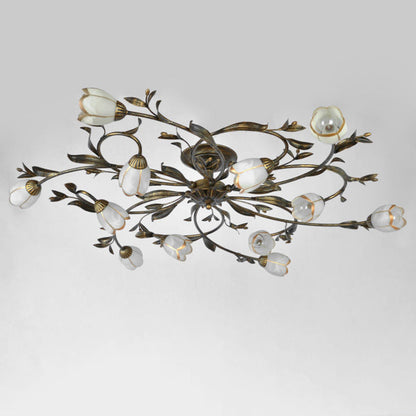 Modern Art Deco Floral Leaf Branch Glass Iron 6/8/10/12 Light Semi-Flush Mount Ceiling Light For Living Room