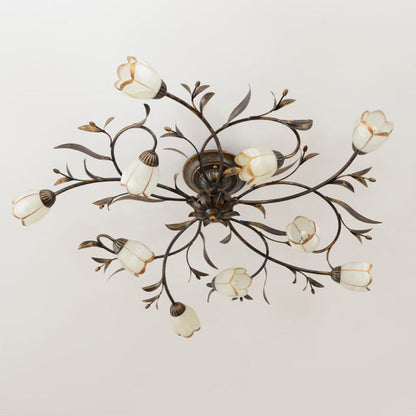 Modern Art Deco Floral Leaf Branch Glass Iron 6/8/10/12 Light Semi-Flush Mount Ceiling Light For Living Room