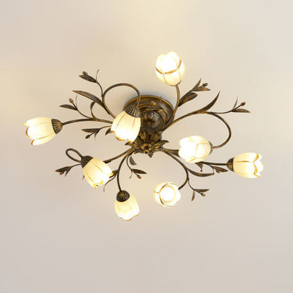 Modern Art Deco Floral Leaf Branch Glass Iron 6/8/10/12 Light Semi-Flush Mount Ceiling Light For Living Room