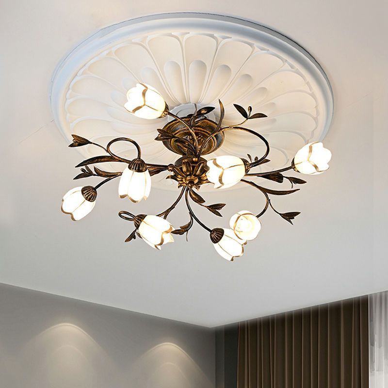 Modern Art Deco Floral Leaf Branch Glass Iron 6/8/10/12 Light Semi-Flush Mount Ceiling Light For Living Room