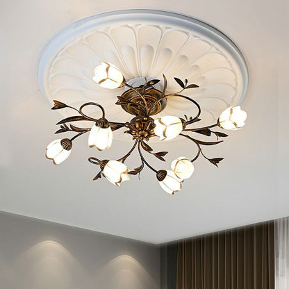 Modern Art Deco Floral Leaf Branch Glass Iron 6/8/10/12 Light Semi-Flush Mount Ceiling Light For Living Room