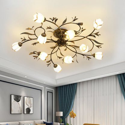 Modern Art Deco Floral Leaf Branch Glass Iron 6/8/10/12 Light Semi-Flush Mount Ceiling Light For Living Room