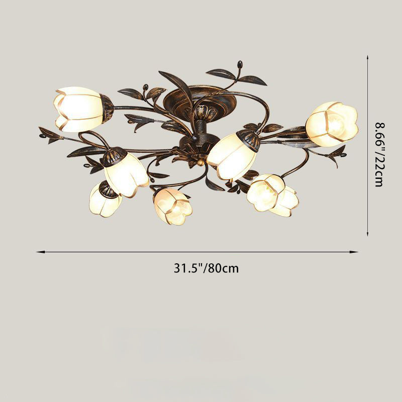 Modern Art Deco Floral Leaf Branch Glass Iron 6/8/10/12 Light Semi-Flush Mount Ceiling Light For Living Room