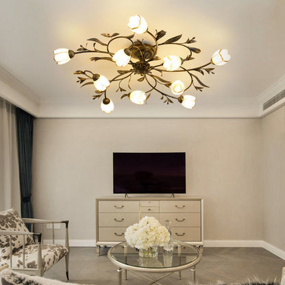 Modern Art Deco Floral Leaf Branch Glass Iron 6/8/10/12 Light Semi-Flush Mount Ceiling Light For Living Room