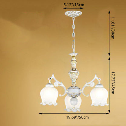 Traditional Vintage Floral Branch Round Glass Iron Zinc 3-Light Chandeliers For Living Room