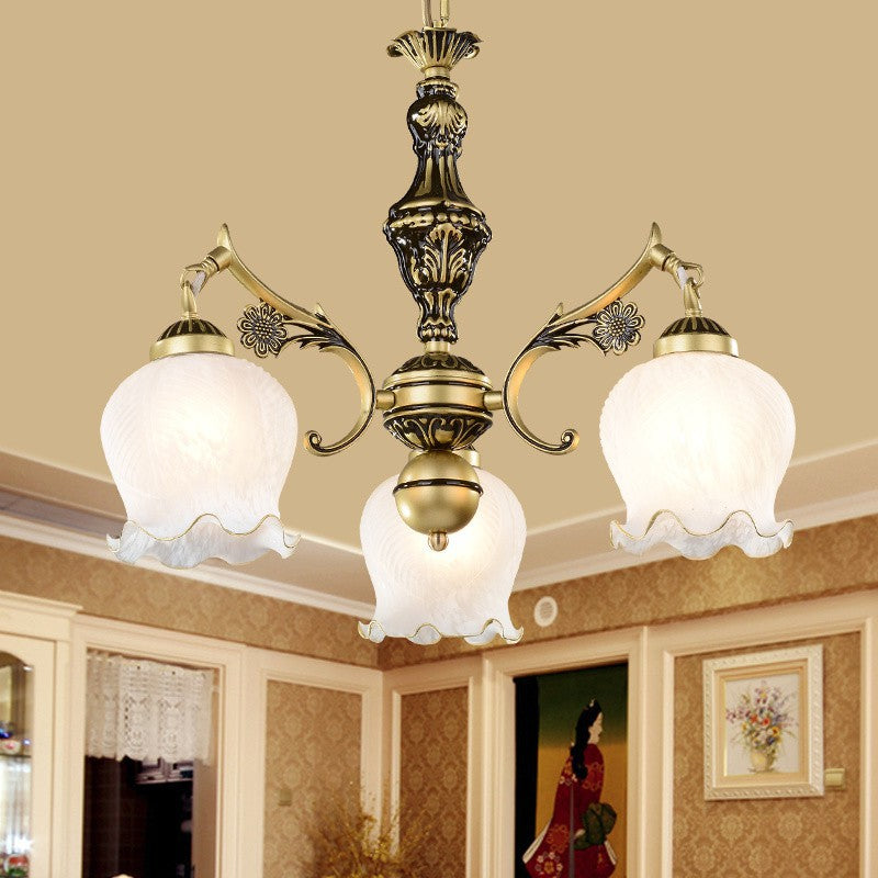 Traditional Vintage Floral Branch Round Glass Iron Zinc 3-Light Chandeliers For Living Room