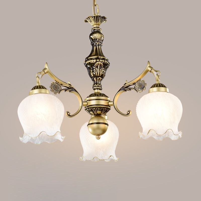 Traditional Vintage Floral Branch Round Glass Iron Zinc 3-Light Chandeliers For Living Room