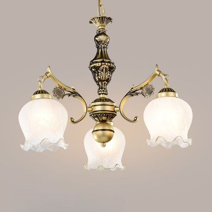 Traditional Vintage Floral Branch Round Glass Iron Zinc 3-Light Chandeliers For Living Room