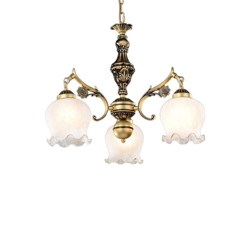 Traditional Vintage Floral Branch Round Glass Iron Zinc 3-Light Chandeliers For Living Room