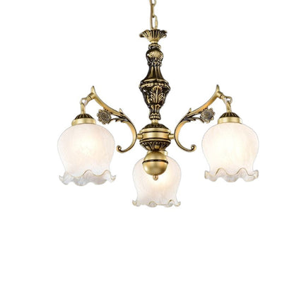 Traditional Vintage Floral Branch Round Glass Iron Zinc 3-Light Chandeliers For Living Room