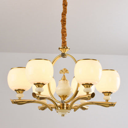 Traditional Chinese Round Branch Glass Stone Jade Copper 6/8/10/15 Light Chandeliers For Living Room