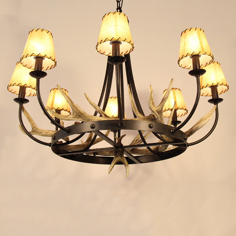 Traditional Vintage Antlers Branch Round Linen Faux Sheepskin Resin Iron 8-Light Chandeliers For Living Room