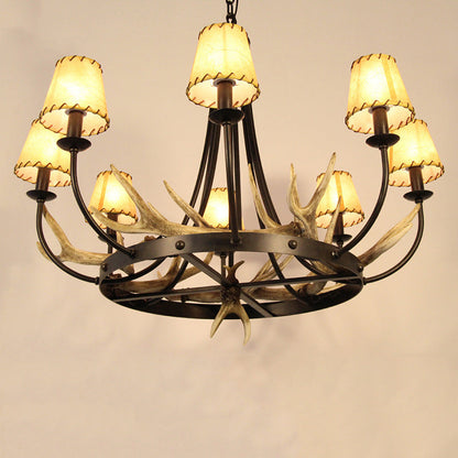 Traditional Vintage Antlers Branch Round Linen Faux Sheepskin Resin Iron 8-Light Chandeliers For Living Room