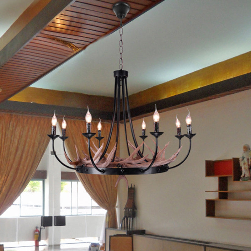 Traditional Vintage Antlers Branch Round Linen Faux Sheepskin Resin Iron 8-Light Chandeliers For Living Room