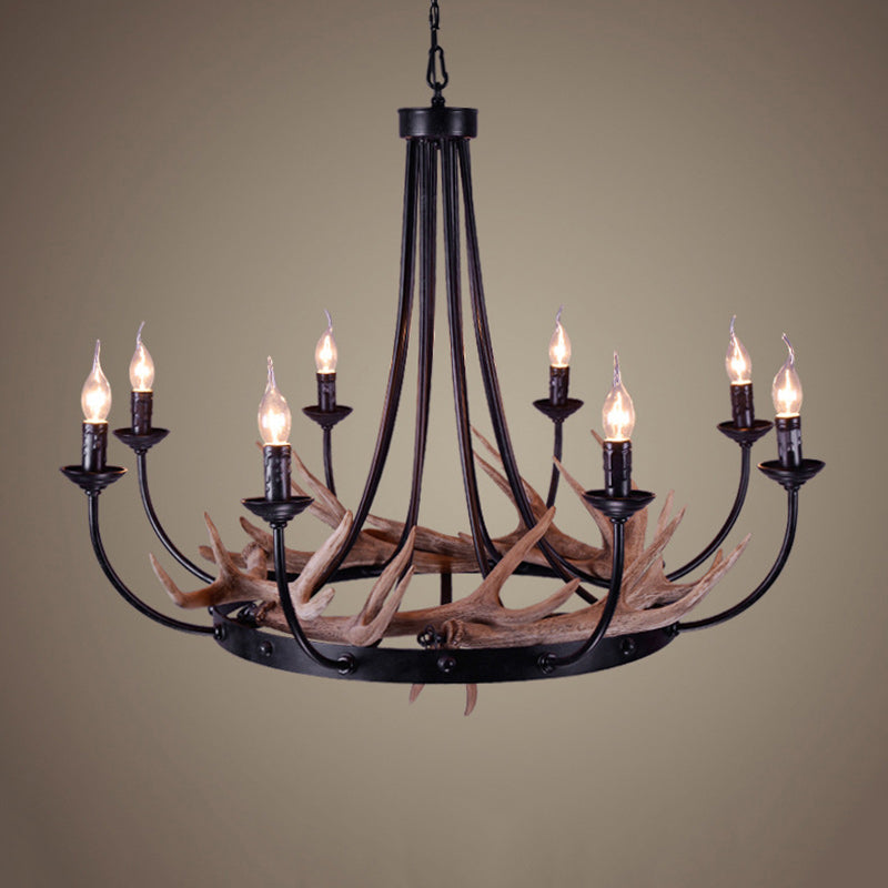 Traditional Vintage Antlers Branch Round Linen Faux Sheepskin Resin Iron 8-Light Chandeliers For Living Room