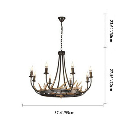 Traditional Vintage Antlers Branch Round Linen Faux Sheepskin Resin Iron 8-Light Chandeliers For Living Room