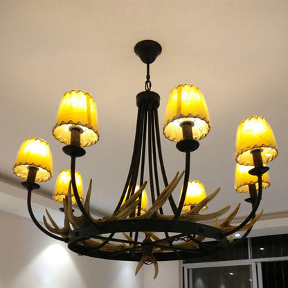 Traditional Vintage Antlers Branch Round Linen Faux Sheepskin Resin Iron 8-Light Chandeliers For Living Room