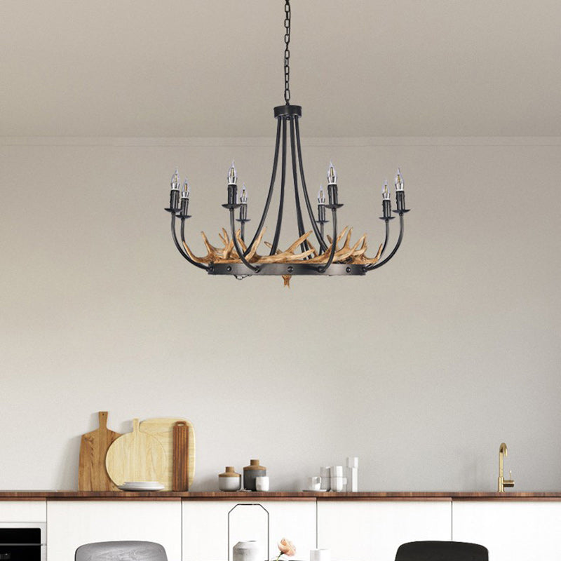 Traditional Vintage Antlers Branch Round Linen Faux Sheepskin Resin Iron 8-Light Chandeliers For Living Room