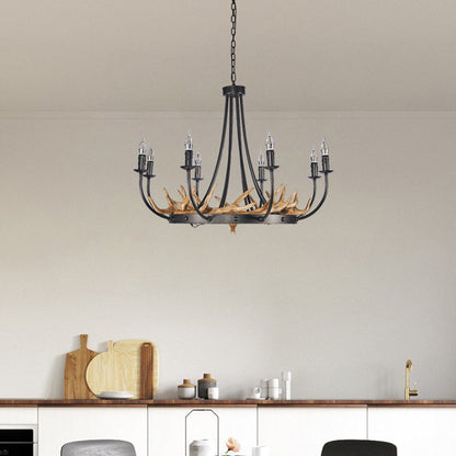 Traditional Vintage Antlers Branch Round Linen Faux Sheepskin Resin Iron 8-Light Chandeliers For Living Room
