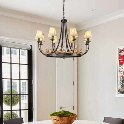Traditional Vintage Antlers Branch Round Linen Faux Sheepskin Resin Iron 8-Light Chandeliers For Living Room
