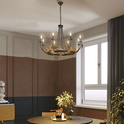Traditional Vintage Antlers Branch Round Linen Faux Sheepskin Resin Iron 8-Light Chandeliers For Living Room