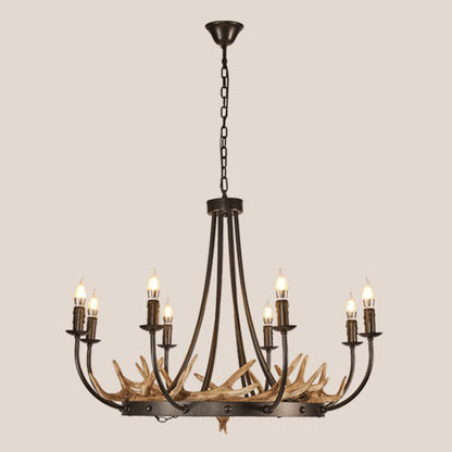 Traditional Vintage Antlers Branch Round Linen Faux Sheepskin Resin Iron 8-Light Chandeliers For Living Room