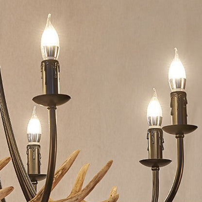 Traditional Vintage Antlers Branch Round Linen Faux Sheepskin Resin Iron 8-Light Chandeliers For Living Room