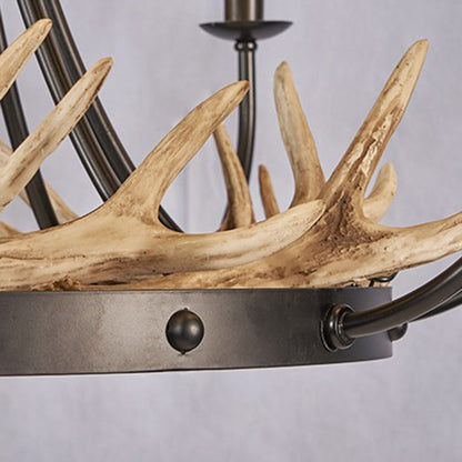 Traditional Vintage Antlers Branch Round Linen Faux Sheepskin Resin Iron 8-Light Chandeliers For Living Room