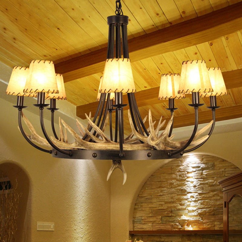 Traditional Vintage Antlers Branch Round Linen Faux Sheepskin Resin Iron 8-Light Chandeliers For Living Room