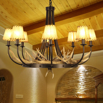 Traditional Vintage Antlers Branch Round Linen Faux Sheepskin Resin Iron 8-Light Chandeliers For Living Room