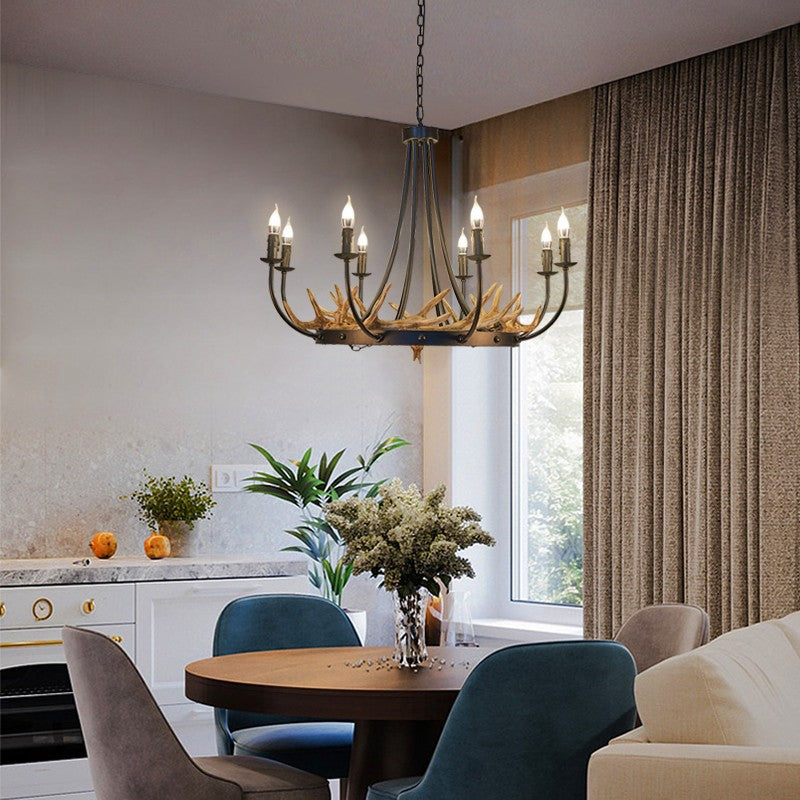 Traditional Vintage Antlers Branch Round Linen Faux Sheepskin Resin Iron 8-Light Chandeliers For Living Room