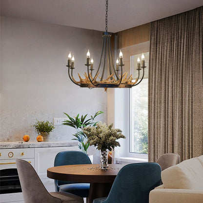 Traditional Vintage Antlers Branch Round Linen Faux Sheepskin Resin Iron 8-Light Chandeliers For Living Room