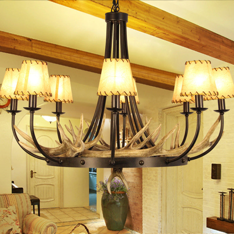 Traditional Vintage Antlers Branch Round Linen Faux Sheepskin Resin Iron 8-Light Chandeliers For Living Room