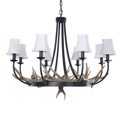 Traditional Vintage Antlers Branch Round Linen Faux Sheepskin Resin Iron 8-Light Chandeliers For Living Room