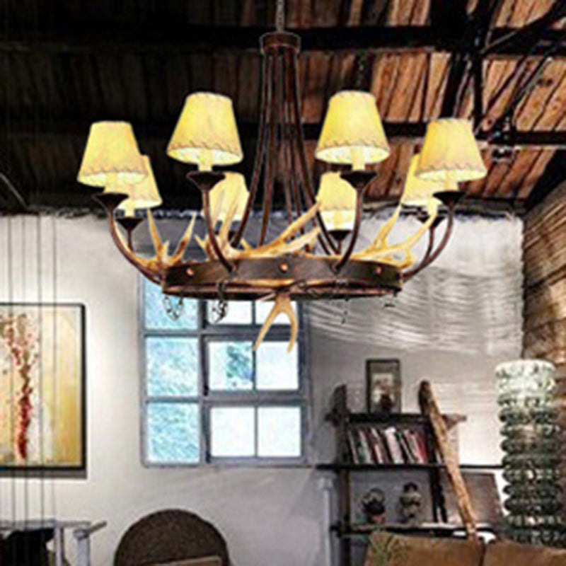 Traditional Vintage Antlers Branch Round Linen Faux Sheepskin Resin Iron 8-Light Chandeliers For Living Room