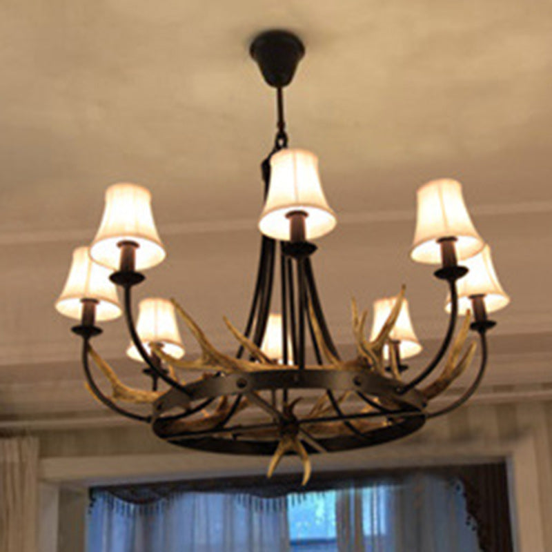 Traditional Vintage Antlers Branch Round Linen Faux Sheepskin Resin Iron 8-Light Chandeliers For Living Room